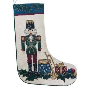 VINTAGE Christmas Stocking Needlepoint Toy Soldier Green Back